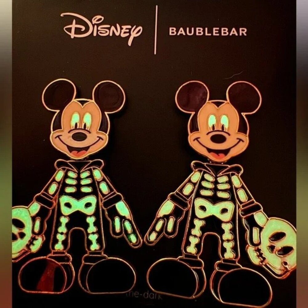 Disney Baublebar Halloween Mickey Skeleton Dangle Earrings Glow in The Dark NEW